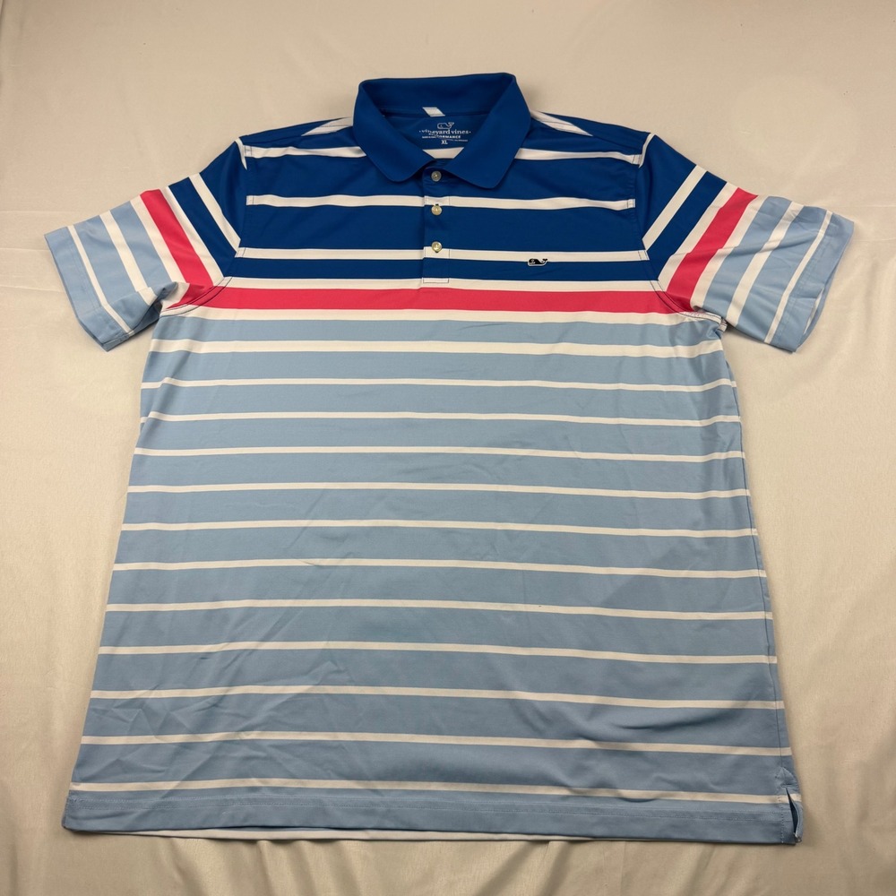 Vineyard Vines Polo Shirt Mens XL Blue Pink Striped Performance Short Sleeve